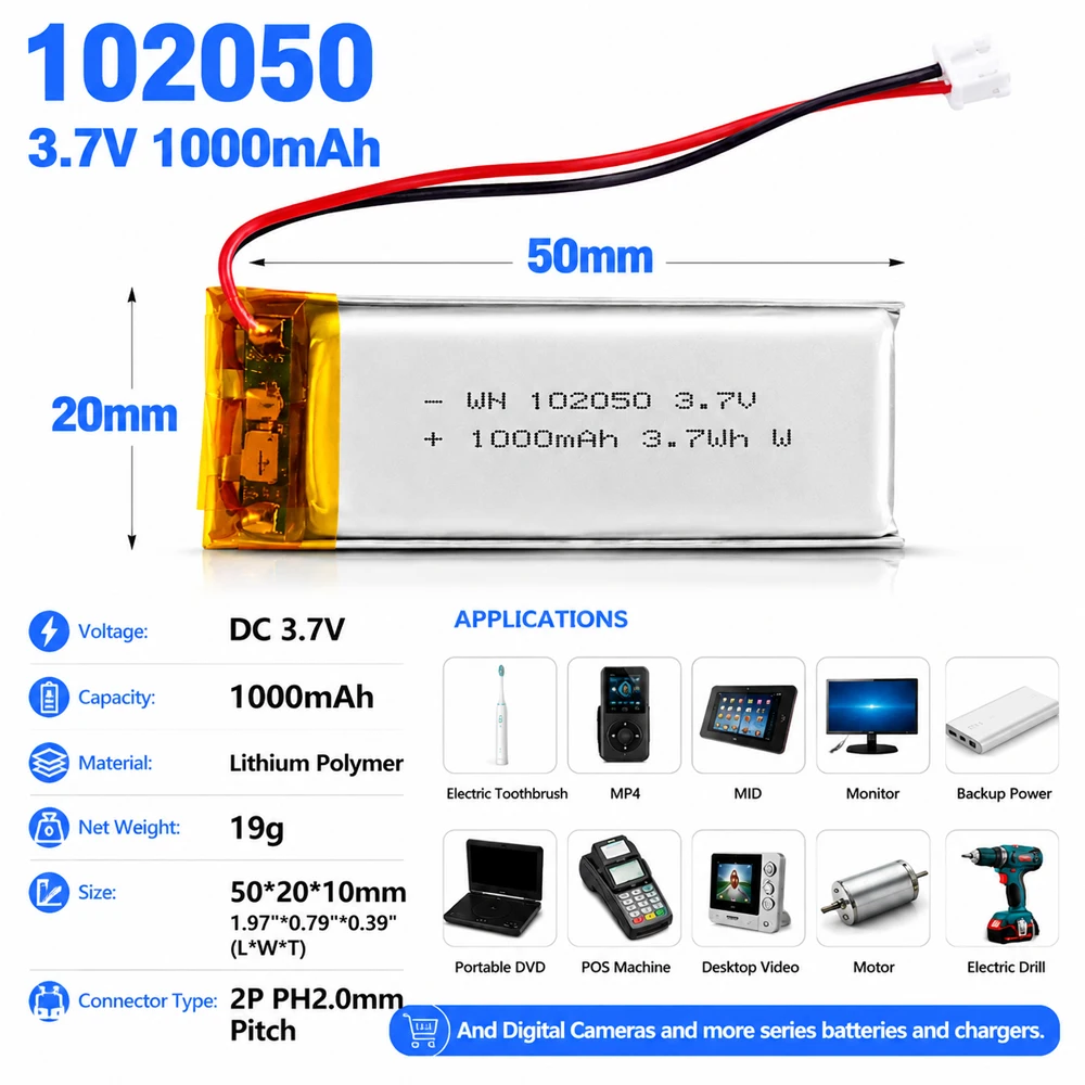 Bateria LiPo 3,7V 1000mAh, ładowalna bateria litowo-polimerowa 102050 z złączem PH2.0 do zastosowań w elektronice DIY. — zdjęcie produktu 5