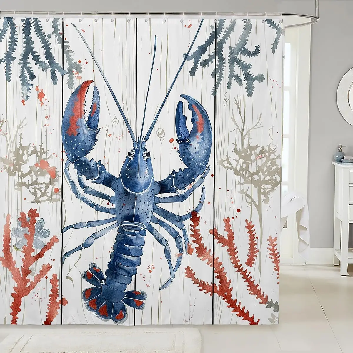 

Занавеска для душа с изображением синего лобстера, 160x180 см, в морском стиле, декор для ванной комнаты, с принтом морских животных, водонепроницаемая.