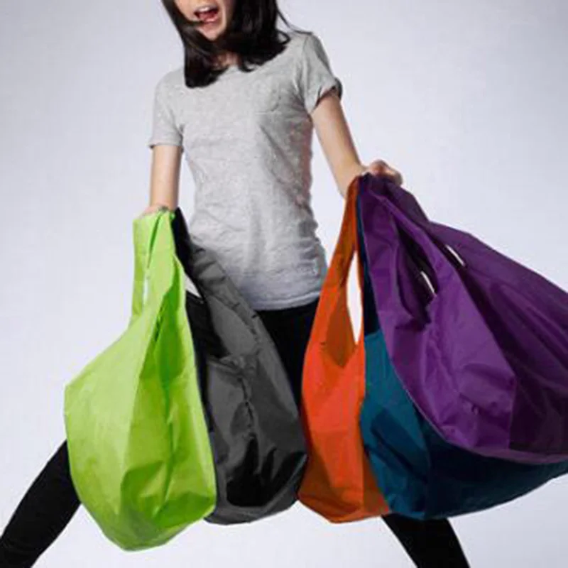 Shopping Bag Solid Color Eco-friendly Folding Reusable Portable Shoulder Handbag Polyester for Travel Grocery