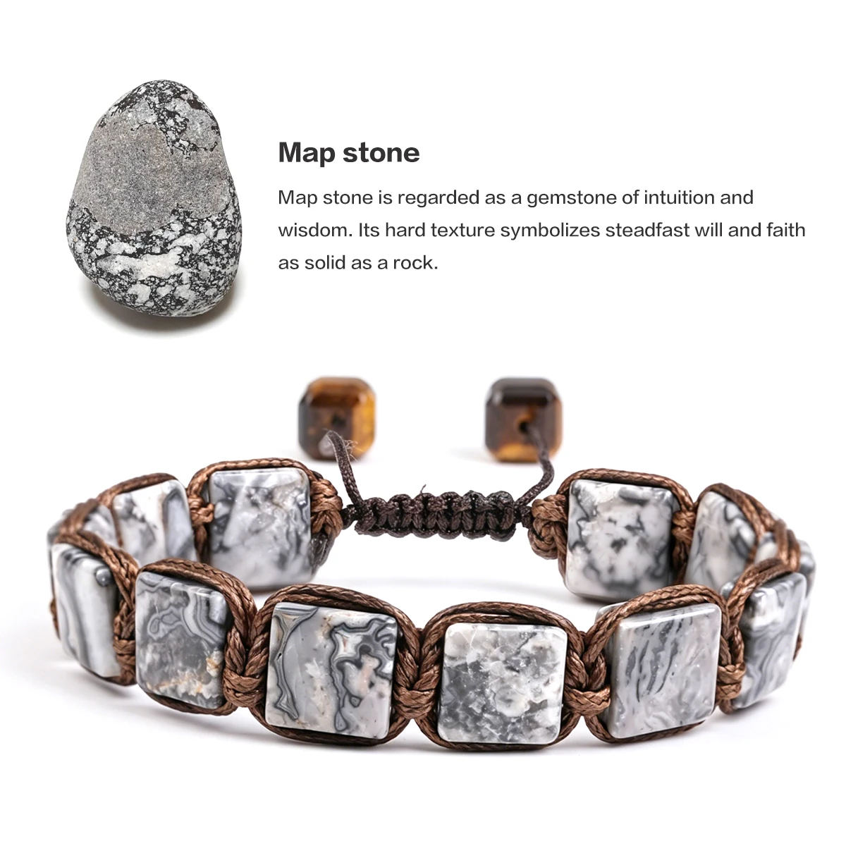 

Adjustable Woven Map Stone Bracelet Square Pattern Jade Healing Crystal Wisdom Intuitive Gem Men's Bracelet Jewelry
