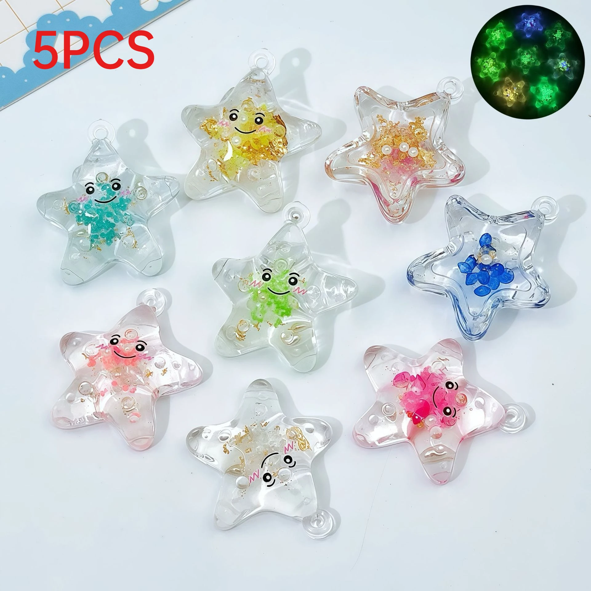 5Pcs Glow In Dark Cute Smiley Starfish Charms Acrylic Pendants DIY Jewelry Accessories For Earrings Necklaces Keychains