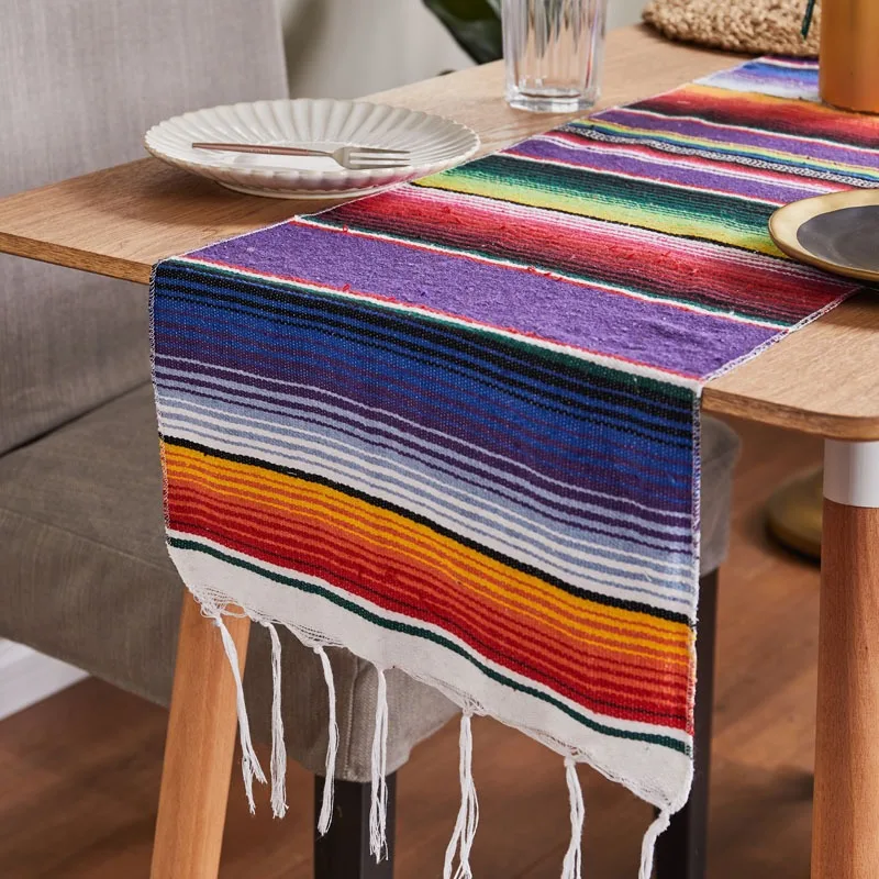 2026 New Fashion Mexican Blanket Woven Table Runner Colorful Striped Party Tablecloth  Fringe Throw