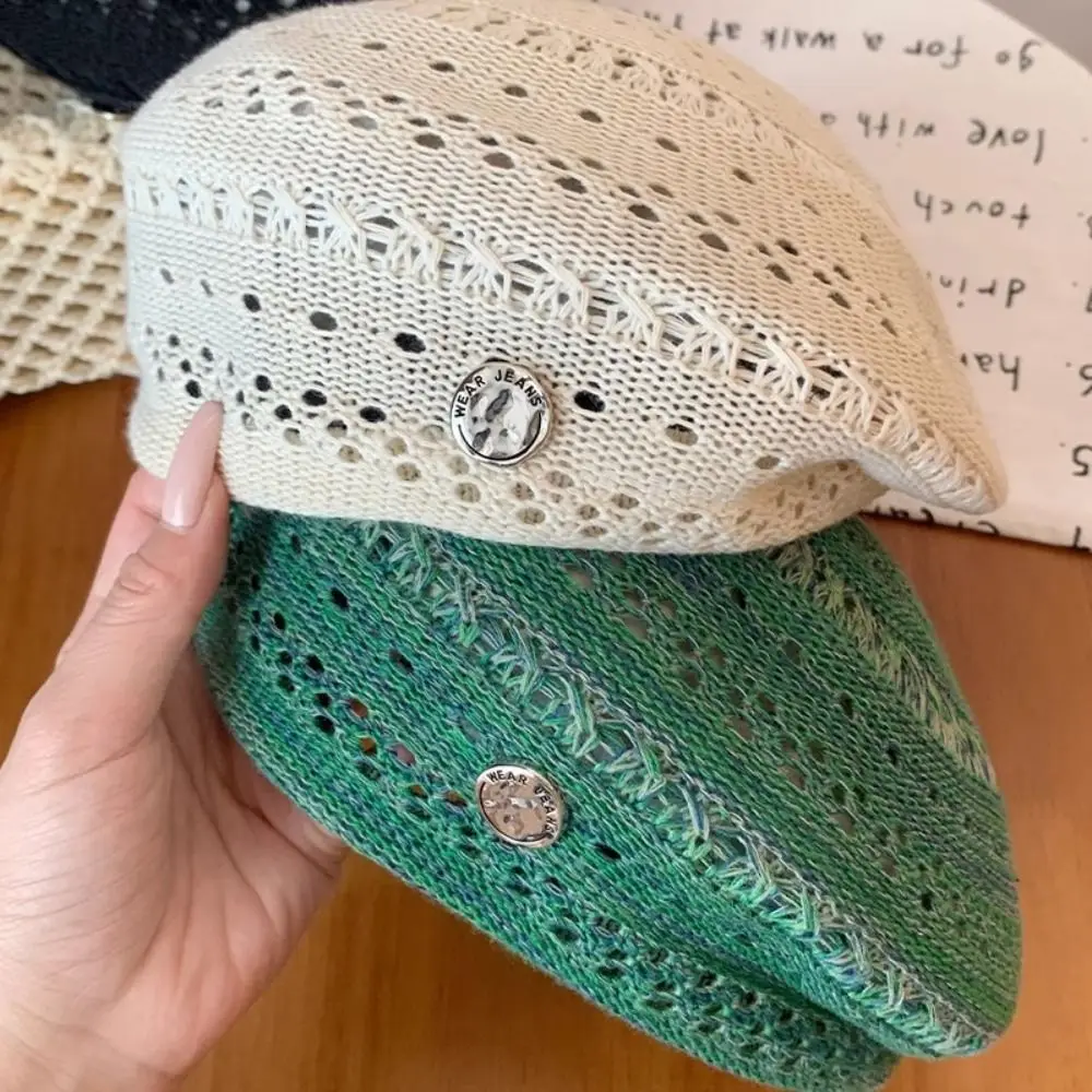Japanese Style Hollowed Out Beret Hat Vintage Thin Weave Painter Hat Fresh Color Fashionable Crochet Knitted Cap Beach