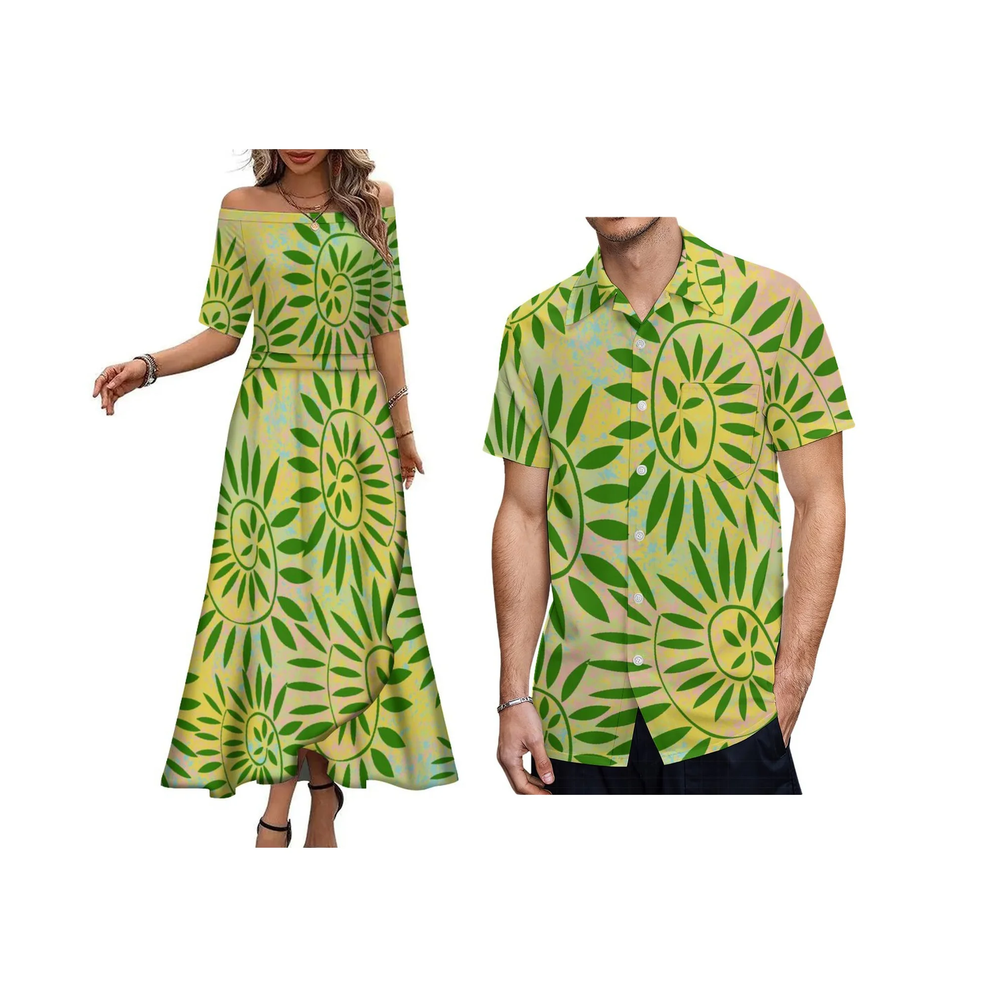 2025 ใหม่มาถึงที่กําหนดเองพิมพ์ผู้หญิงปิดไหล่ Polynesian จีบกระโปรงชุดลําลอง Match PLUS ขนาด Aloha ชายเสื้อ