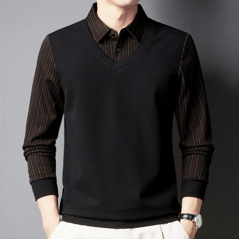 New Autumn/Winter Fashion Trend Solid Color Striped Polo Collar Button Panel Long Sleeve Simple Casual Men's Comfortable Sweater