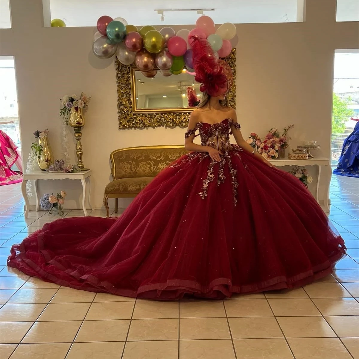 

Burgundy Princess Quinceanera Dresses Ball Gown Off The Shoulder Tulle Appliques Sweet 16 Dresses 15 Años Custom