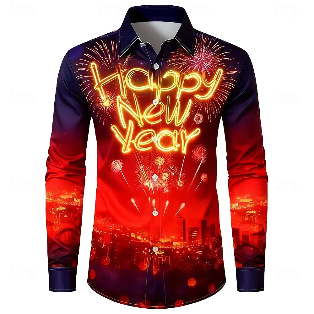 2026 New Year Men's Happy New Year Celebration Balloon Shirt Button Up Shirt Long Sleeve Fashion Casual Spring Fall Shirts