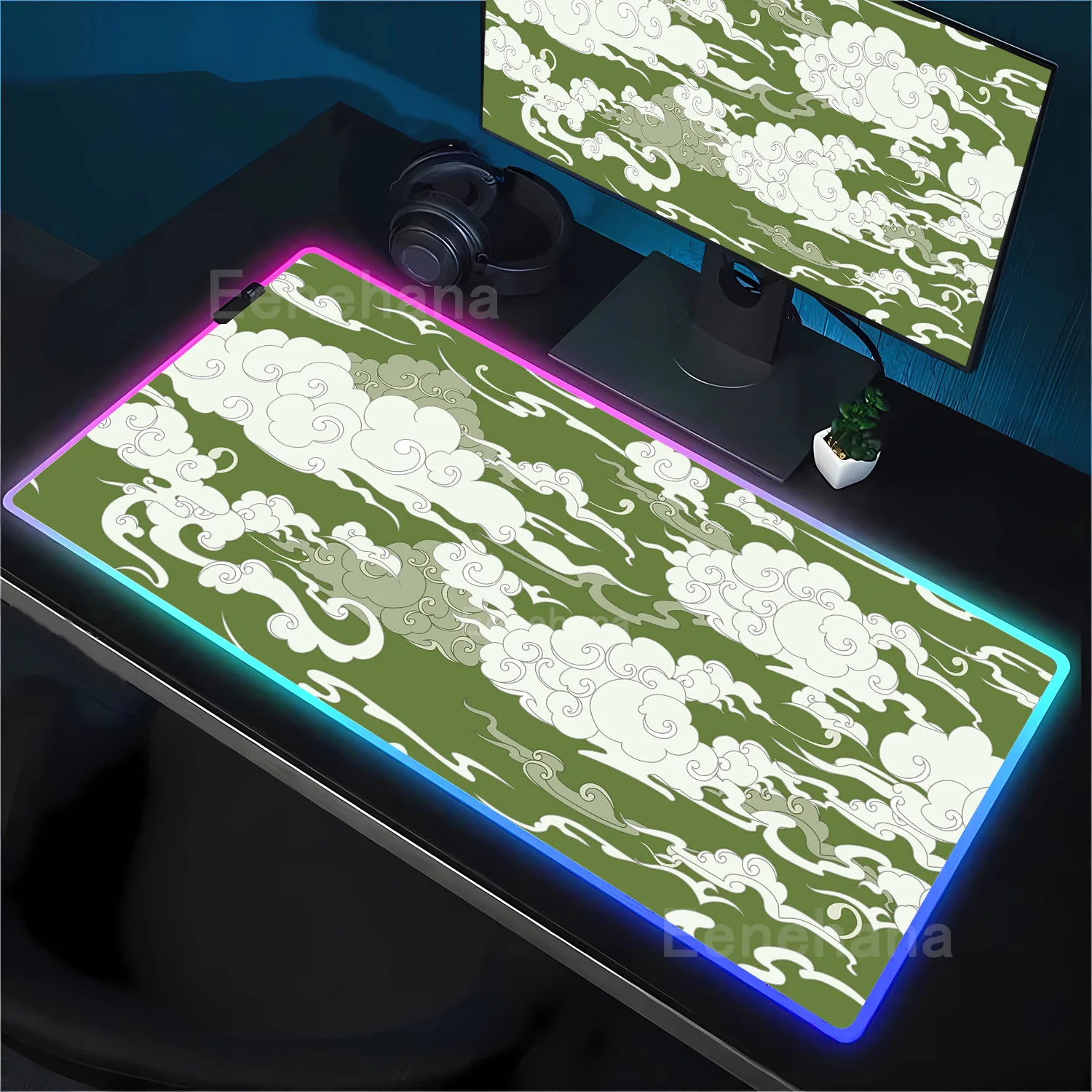 RGB Game Table Mat Kawaii Mice Mat green Cute Desk mat LED Backlight Aesthetic Cloud Sky offices accessories overlock Mousepad