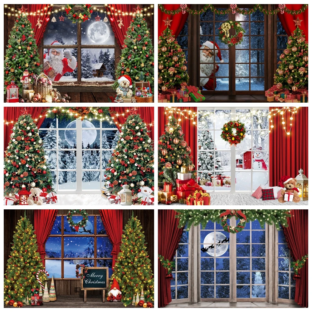 Christmas Backdrop Window Xmas Tree Gifts Fireplace Santa Moon New Year Family Party Baby Photo Photography Background Decor