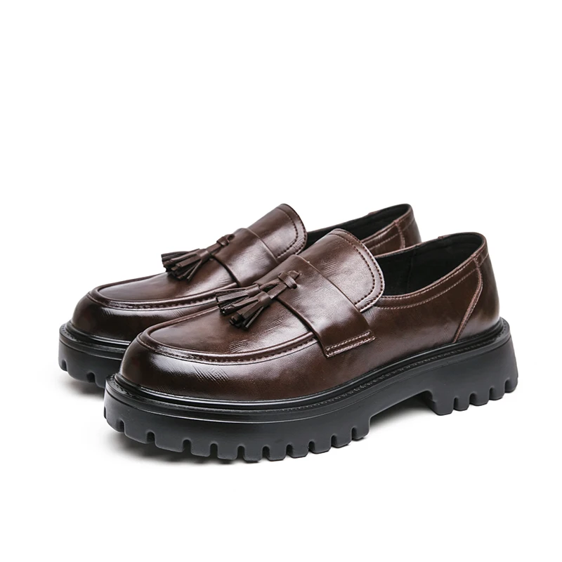 Men's Tassel Loafers Thick Platform Soft Sole Leather Shoes Business Casual Slip On Dress Shoes Size 38-46 Black Brown