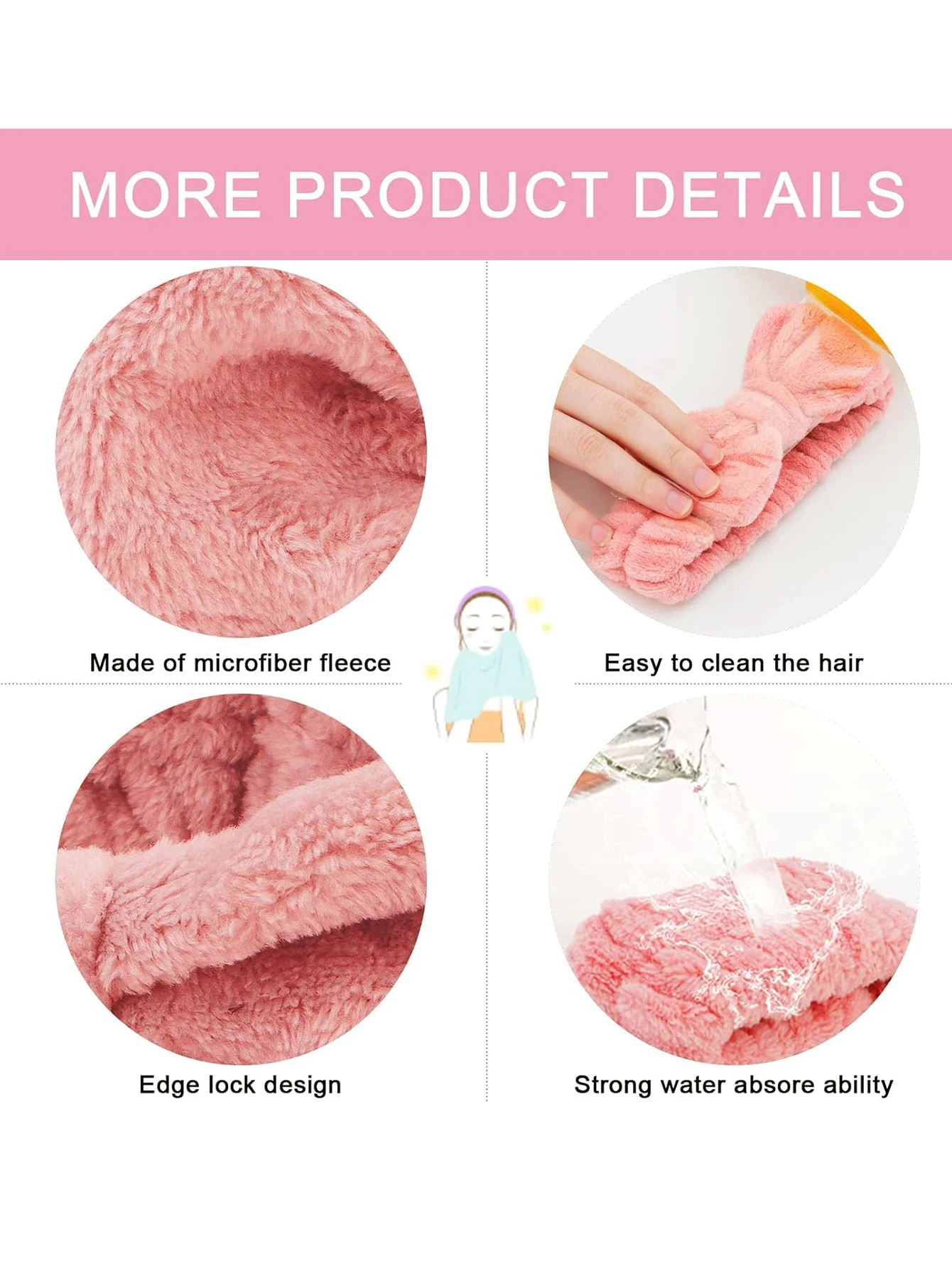 벨크로 헤드밴드 + 리본 헤드밴드 6피스 세트, 벨크로 헤드밴드 1개 & 리본 헤드밴드 1개 & 4피스 손목밴드, 모든 피부 타입에 적합