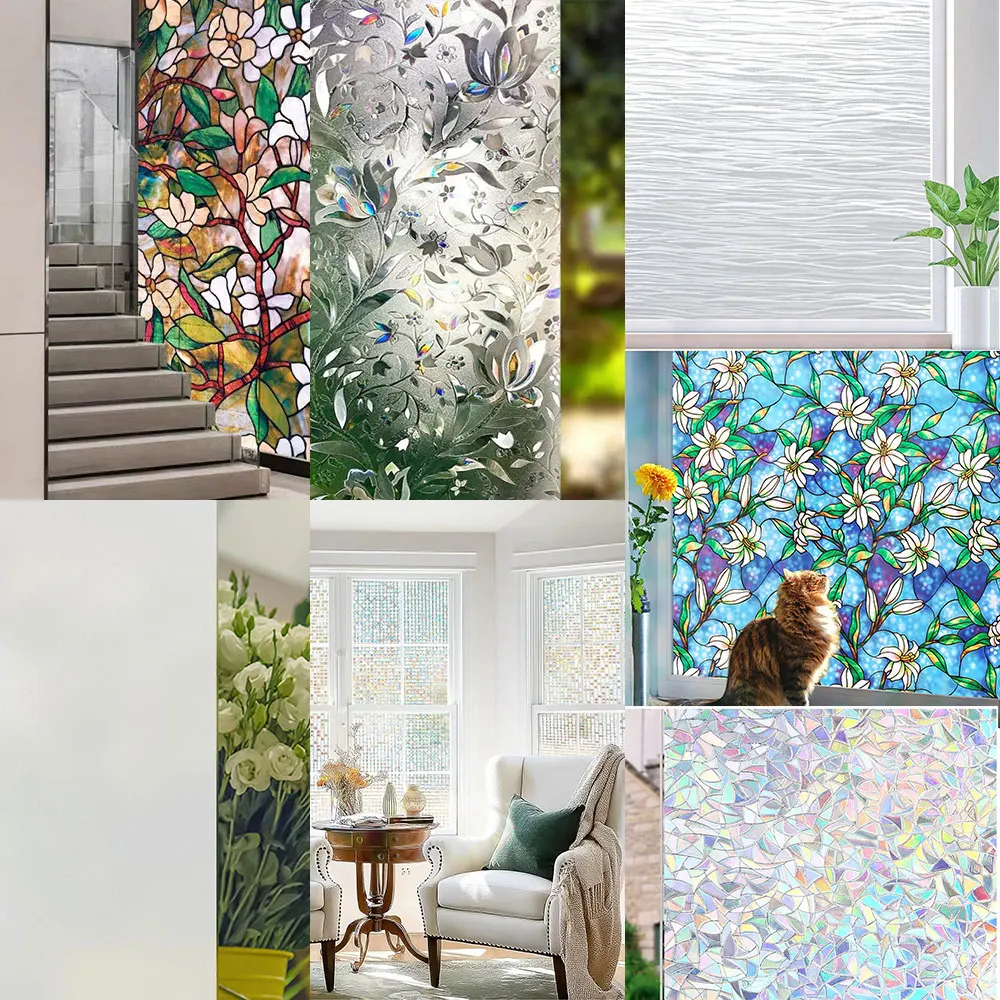 PVC/PET Self-adhesive No Glue Static Stick 3D Adsorption Window Film Anti-UV Stickers Privacy Blocking Waterproof Decorations