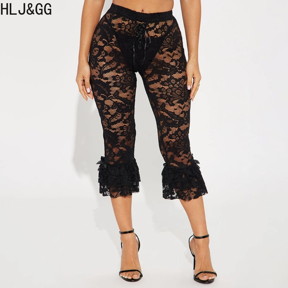 HLJ & GG-Conjunto de dos piezas de encaje transparente para mujer, Top corto de manga larga y pantalones cortos ajustados con volantes, ropa de calle de moda