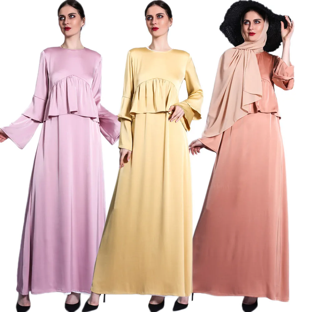 

Elegant Ruffle Satin Women Long Dress Muslim Islamic Abayas Turkey Moroccan Arabic Jalabiya Middle East Caftan Dubai Ramadan New