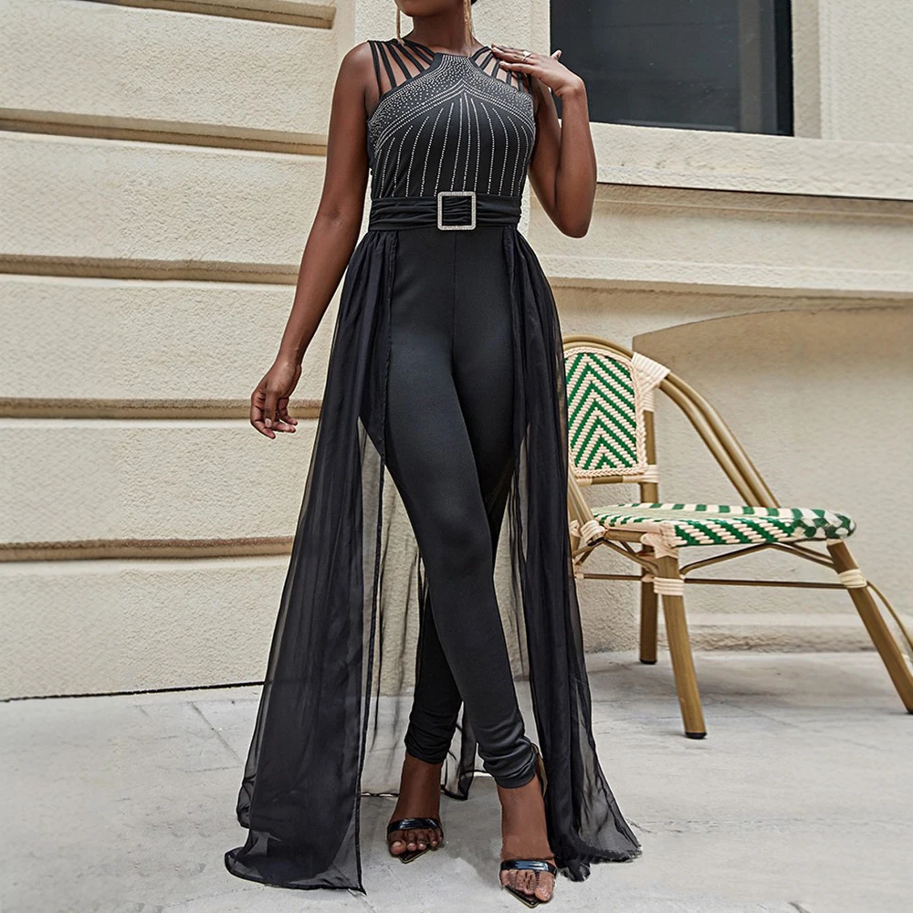 Женские комбинезоны с широкими штанинами, осень 2022, однотонные комбинезоны без рукавов с круглым вырезом до щиколотки и блестками