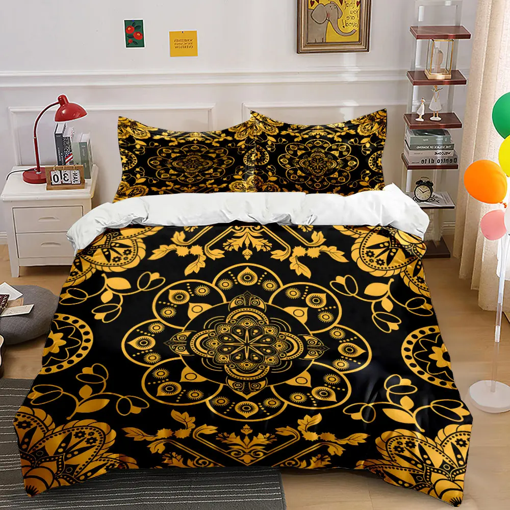 Elegant Black and Gold Mandala Set  kid's and adults' bedroom decor, Exquisite three-piece bedding set gift