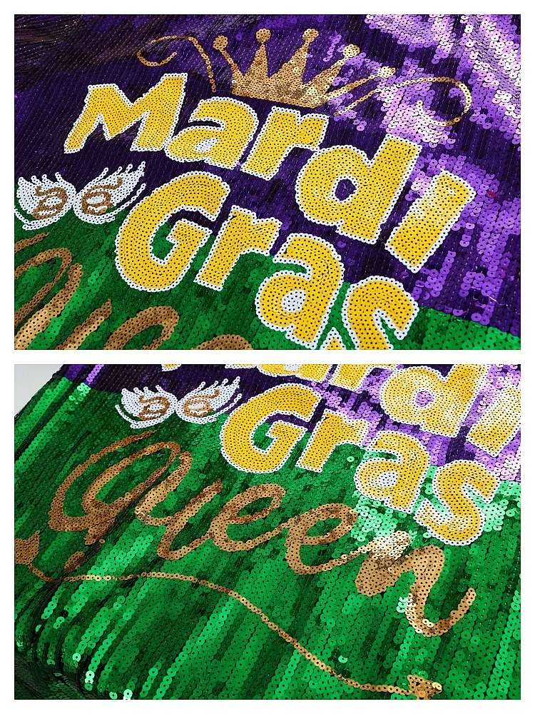 Mardi Gras Queen brillant violet vert jaune masque couronne imprimé paillettes t-shirt robe ample surdimensionné paillettes tunique haut
