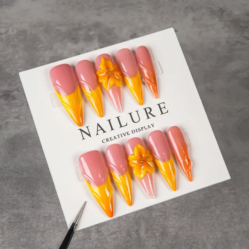 3D Yellow Flower Press On Nails Extra Long Stiletto Fake Nails Pink Orange Color Block Glossy False Nail Tips Women Party DIY Ma