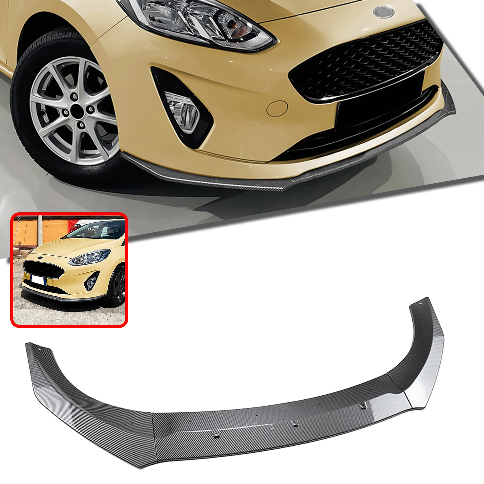 

Gloss Black/Carbon Fiber Look Front Bumper Spoiler Lip Lower Splitter Blade Protector For Ford Fiesta MK8 18-21 Standard Version