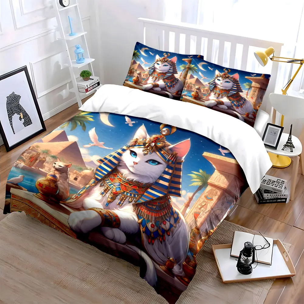 Egyptian-styled white cat with pyramids Print Soft Comfortable Duvet Cover Bedding Set Included 1*Duvet Cover 2*Pillowcases