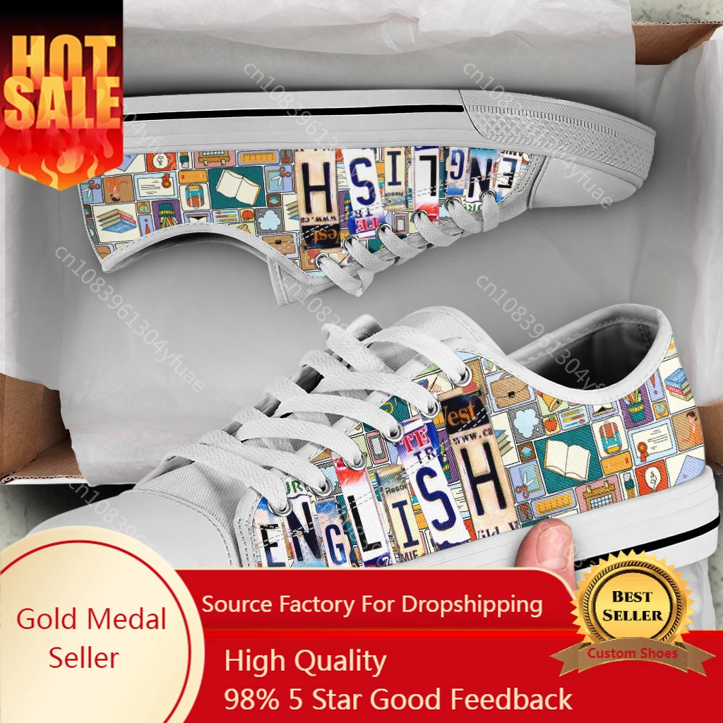 

License Plate English Print Flat Shoes Lightweight Low Top Canvas Shoes for Women Casual Lace Up Sneakers Zapatillas mujer