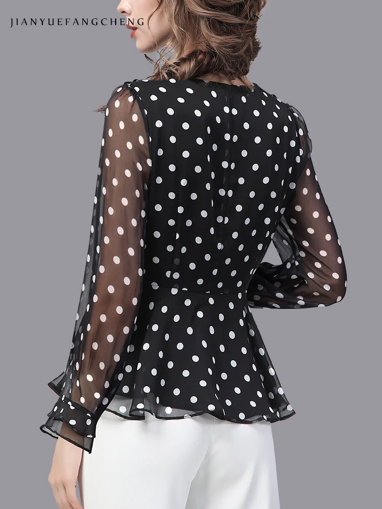 Fashion Women\' Black Polka Dots Chiffon Blouse Long Sleeve V-Neck Ruffles Tops Elegant Slim Lightweight Casual Button-down Shirt