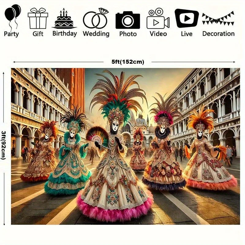 Venetian Carnival Tapestry Masked Dancers Elegant Costumes Venice Street Art Wall Hanging Free Hooks Included SimpleInstallation