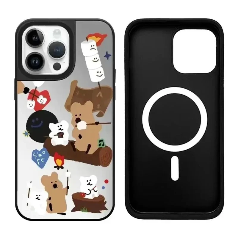 Cute Bear Picnic iPhone 11 12 13 14 15 Pro Max Mirror Surface MagSafe Case Cover Shell