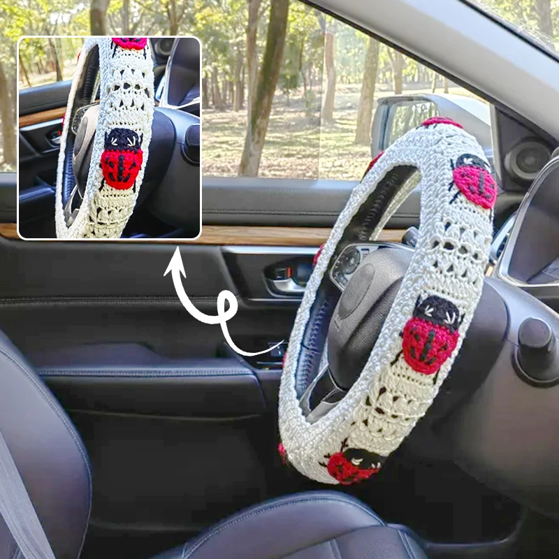 

Ladybug Steering Wheel Cover Hand-crocheted with All-season for Most Vehicles Enhances Driving Comfort & Fun Car Accessories