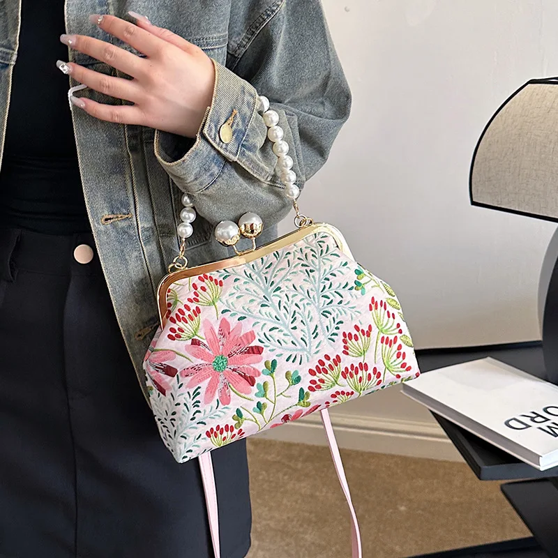 Fashion Retro Colorful Flower Print Seashell Evening Bags For Women Pearl Beaded Chain Tote Handbags Party Shoulder Bag Clutches