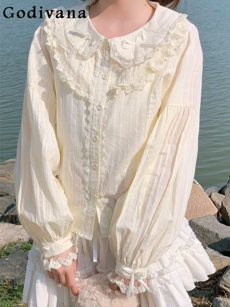 

Lolita Japanese Sweet Peter Pan Collar Short Sleeve Long Sleeves Bottoming Shirt Women's Summer Spring Elegant Lace Princess Top