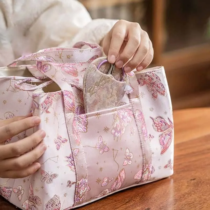 Chinese Brocade Embroidery Pink Purple Butterfly Handheld Tea Set Storage Bag Outdoor Camping Portable Fabric Storage Bag ZJ360