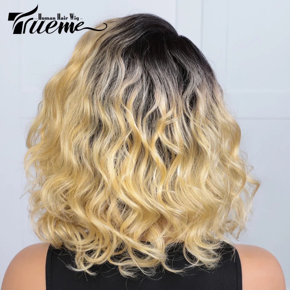 Trueme 613 Lace Front Wig Human Hair Wigs Brazilian Bouncy Curly Bob Wig Ombre Honey Blonde 613 Human Hair Lace Wig For Women