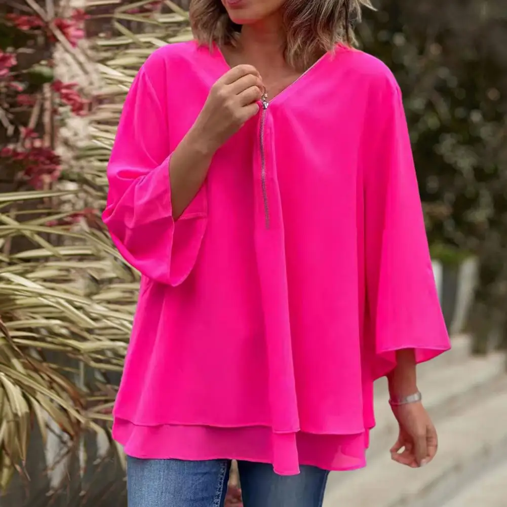 

Women Shirt Elegant Women's Chiffon Shirt with V-neck Zipper Detail Double Layer Hem Stylish 3/4 Sleeve Pullover Top for A Loose