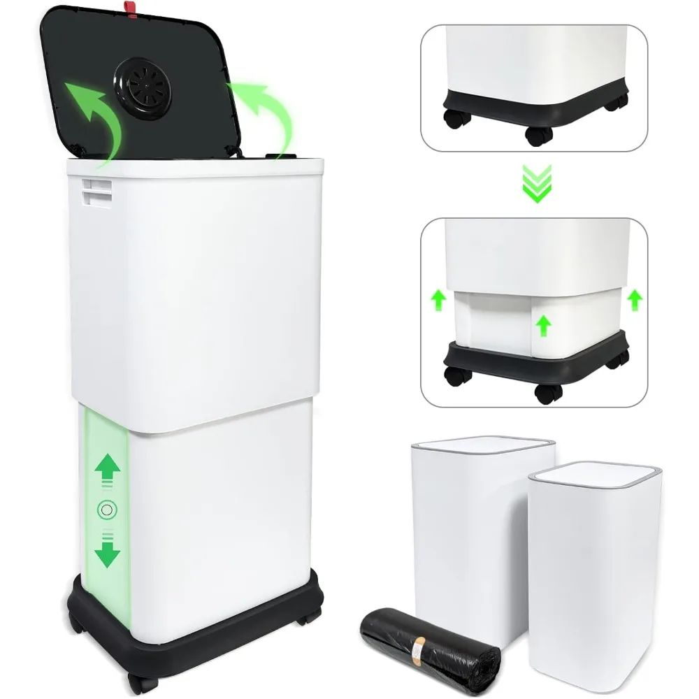 

13 Gallon Trash Can with Lid, 25-45 L Altitude Variable Bin, Garbage Can with Wheels for Kitchen, Bathroom, Bedroom, Office, Tw