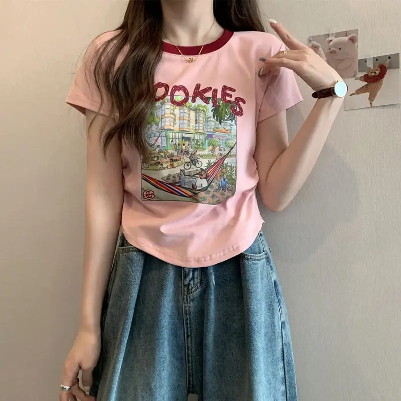 Women Summer Korean Simplicity Loose Printing Letter Letter Pink Cotton O-neck Soft Short Sleeve Women Clothes Tee Shirt Top Tee