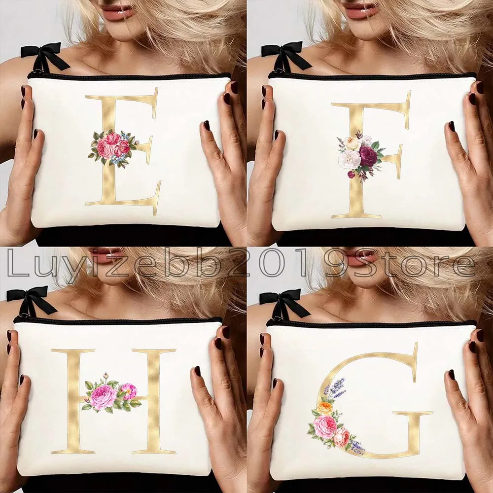 

Gold Floral Letter English Alphabet Flowers Initial Letter Gifts Canvas Cosmetic Bags Makeup Brush Organizer Pouch Toilet Bags