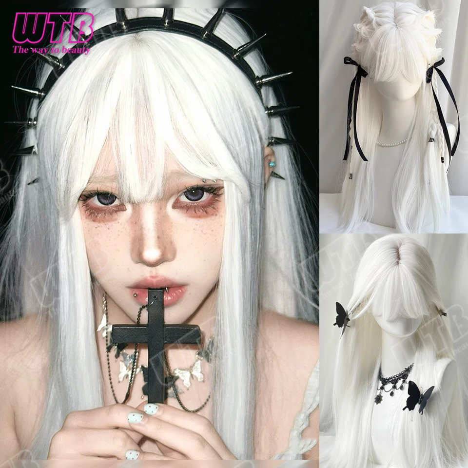 

WTB White Straight Synthetic Lolita Wig with Bangs Long Straight Hair Suitable for Women to Wear for Holidays and Cosplay