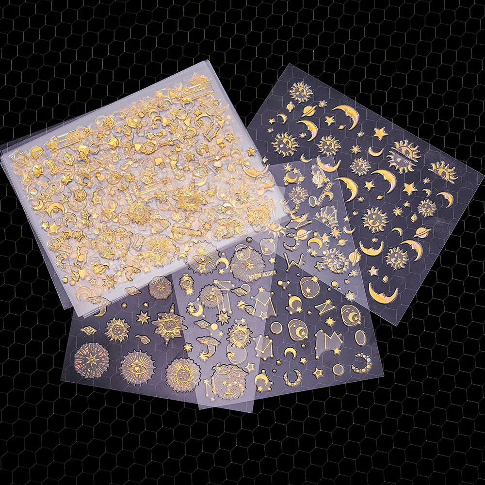 Set Aurora Gold Silver Nail Stickers 3D Holographic Laser Heart Star Moon Flame Sun Decals Butterfly DIY Nail Art Decoration #8W