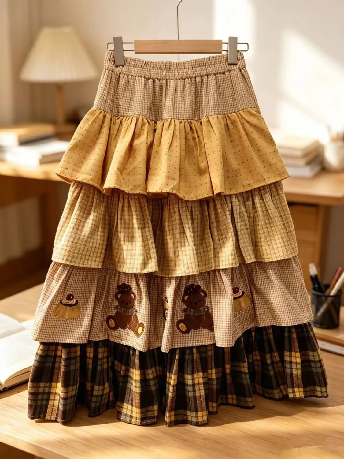 Yellow Color Sweet Lolita Ruffle Cake Skirt Women's Plaid Cotton Patchwork Layered Maxi Skirt Japanese Kawaii Skirt