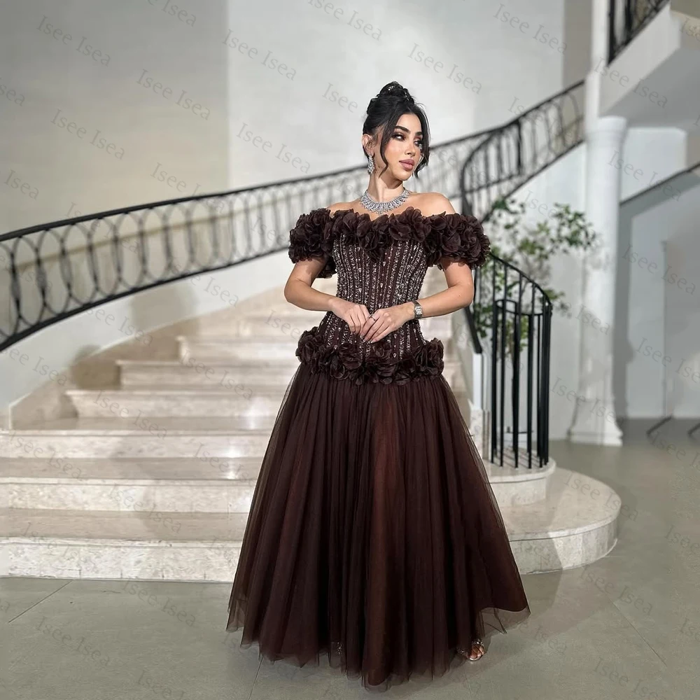 Customized Dubai Off Shoulder Evening Dresses Rhinestone Flower Crystal فساتين سهرات Brown Formal Occasion Dresses