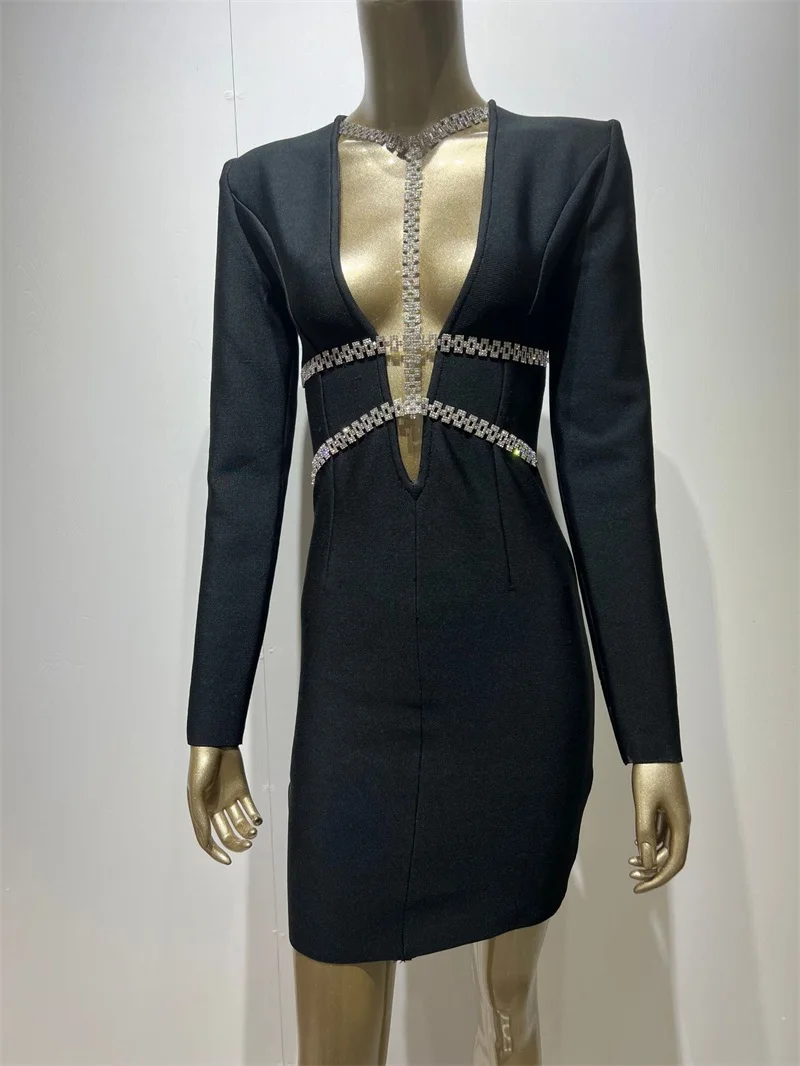 Rhinestones Deep-V Neck Women Prom Dress Tight Waist Bandage Skirt Gorgeous Pure Black Long Sleeve Evening Dress Newest In Stock