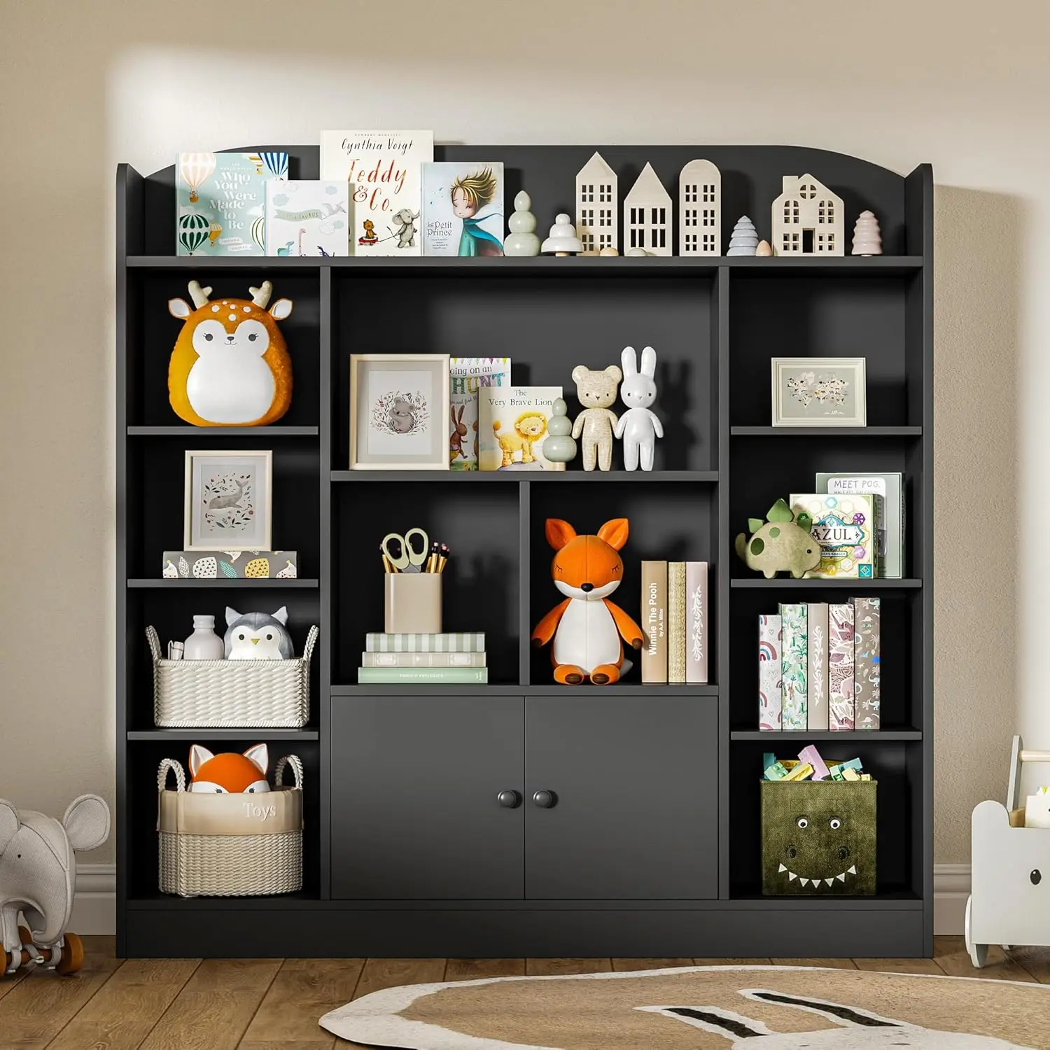 Étagère noire pour enfants, bibliothèque d'exposition avec 11 cubes et 2 armoires, étagères de rangement pour livres autoportantes pour chambre à coucher, salle de jeux