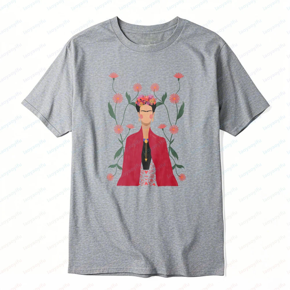 Bohemian Style Frida Kahlo Floral Portrait Artistic Shirt Floral Elements Unisex Cotton T-Shirt Fashion Casual Summer Cotton Tee view 6