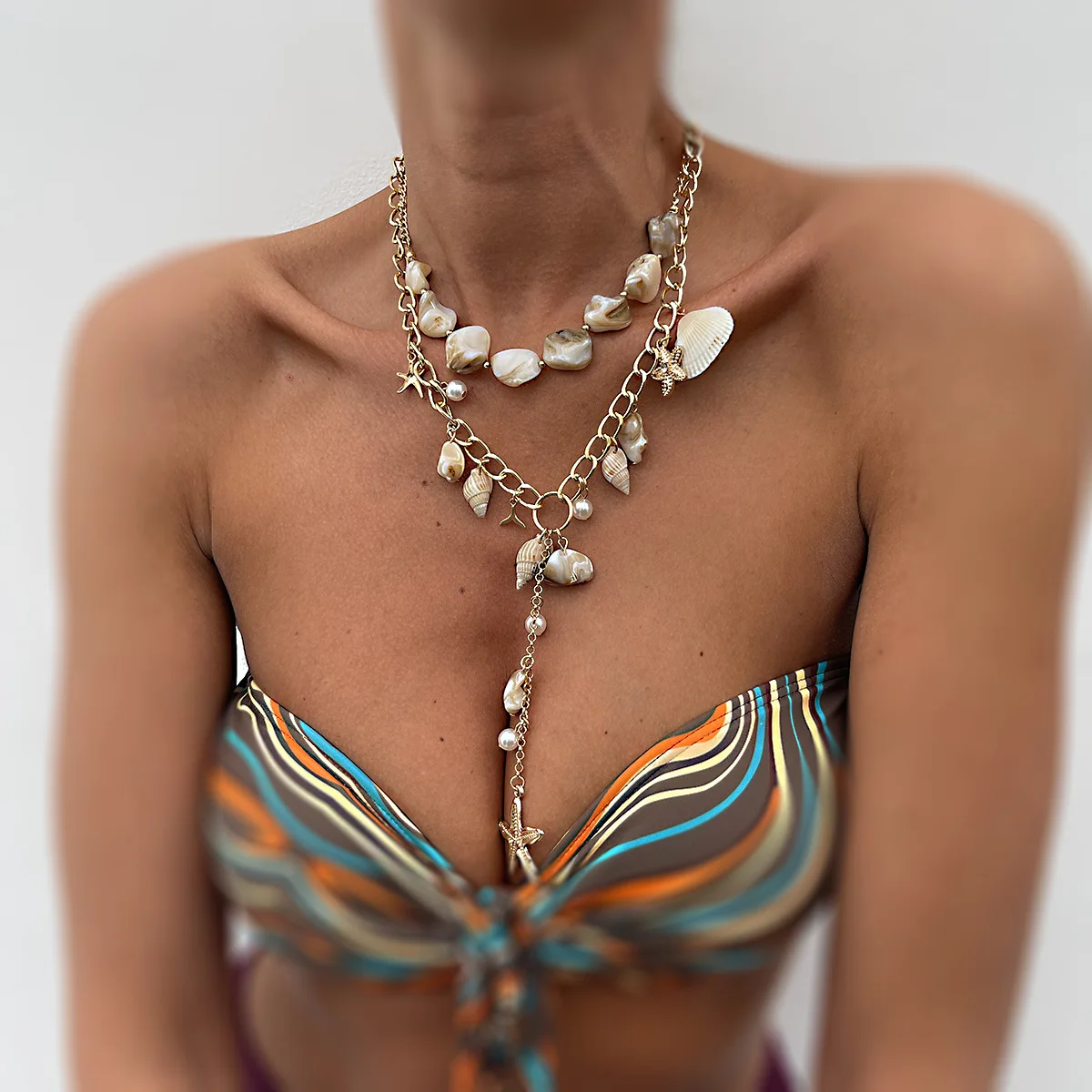 Premium Starfish Pendant Necklace with Faux Pearl Shell Layered Choker in Antique Silver Tone for Women Beach Vacation Jewelry