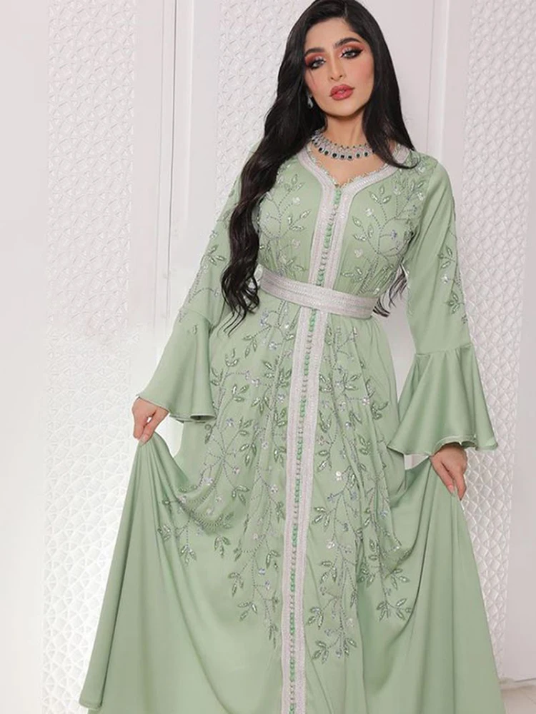 

India Turkey Muslim Abaya Ramadan Eid Women Elegant Diamond Wedding Evening Party Dress Belted Jalabiya Gown Morocco Caftan Robe