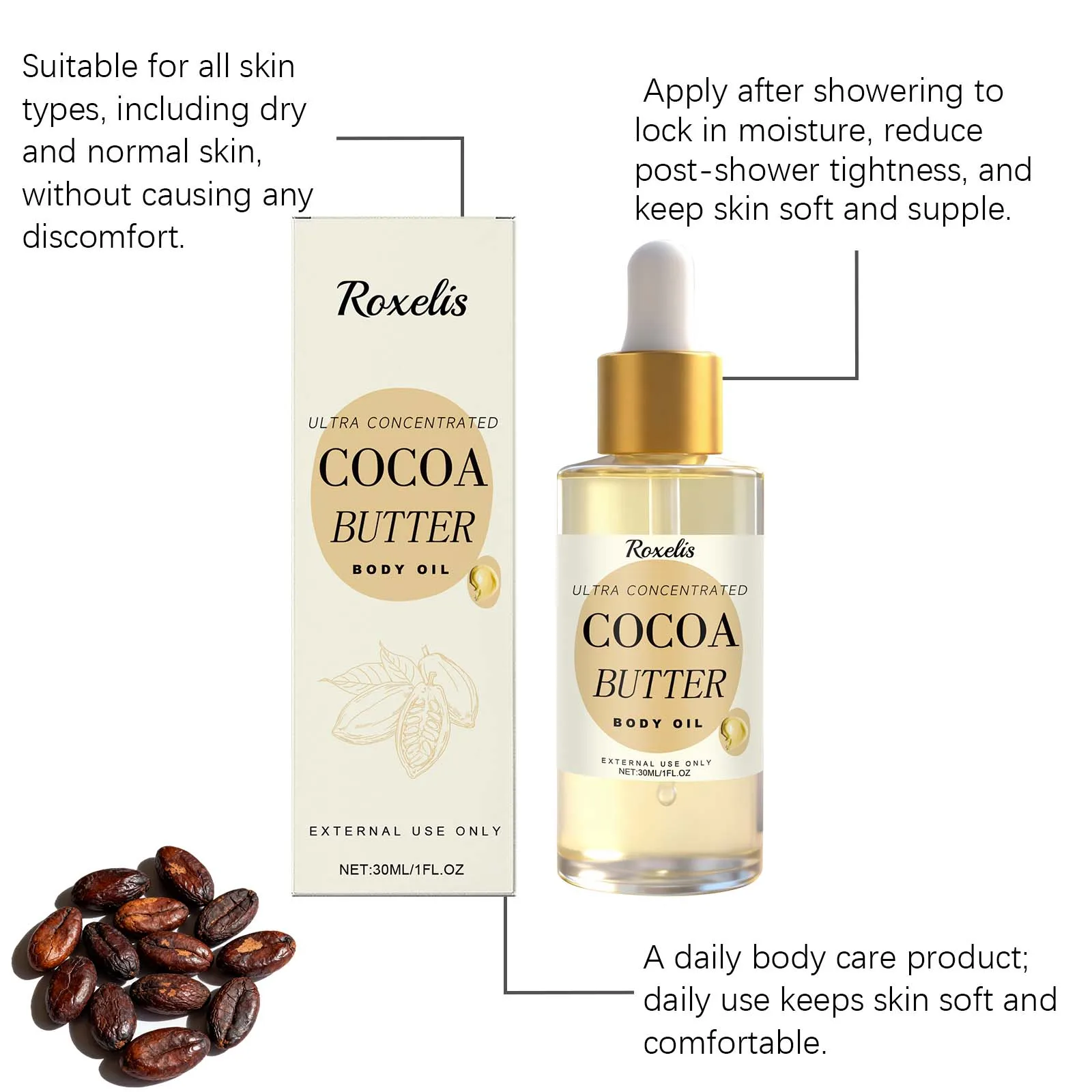 زيت الجسم بزبدة الكاكاو - زيت مغذي مرطب يدوم طويلاً لجميع أنواع البشرة |   زيت الجسم الأساسي المرطب ذو العطر الغني