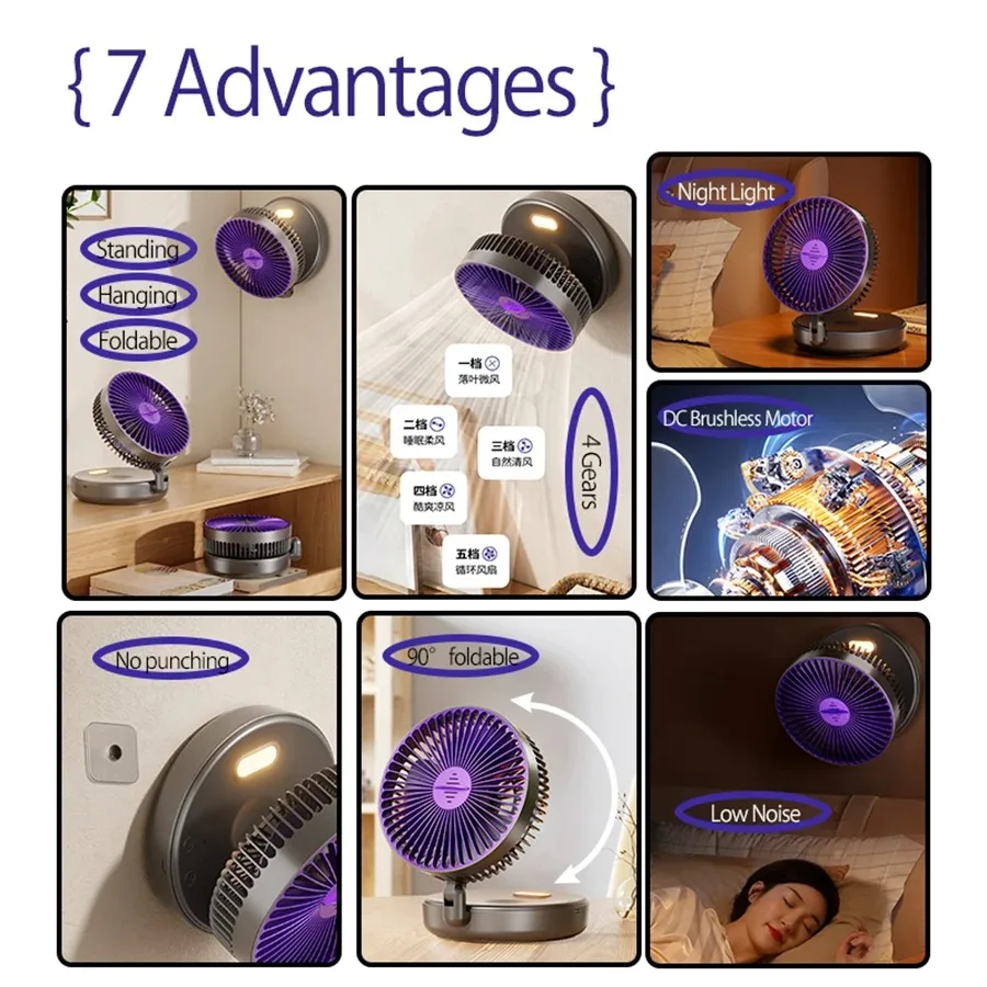พัดลมแบบชาร์จไฟได้พัดลมตั้งแคมป์กลางแจ้งพัดลมติดตั้งผนังพร้อมไฟ LED ฟังก์ชั่นน้ำมันหอมระเหย