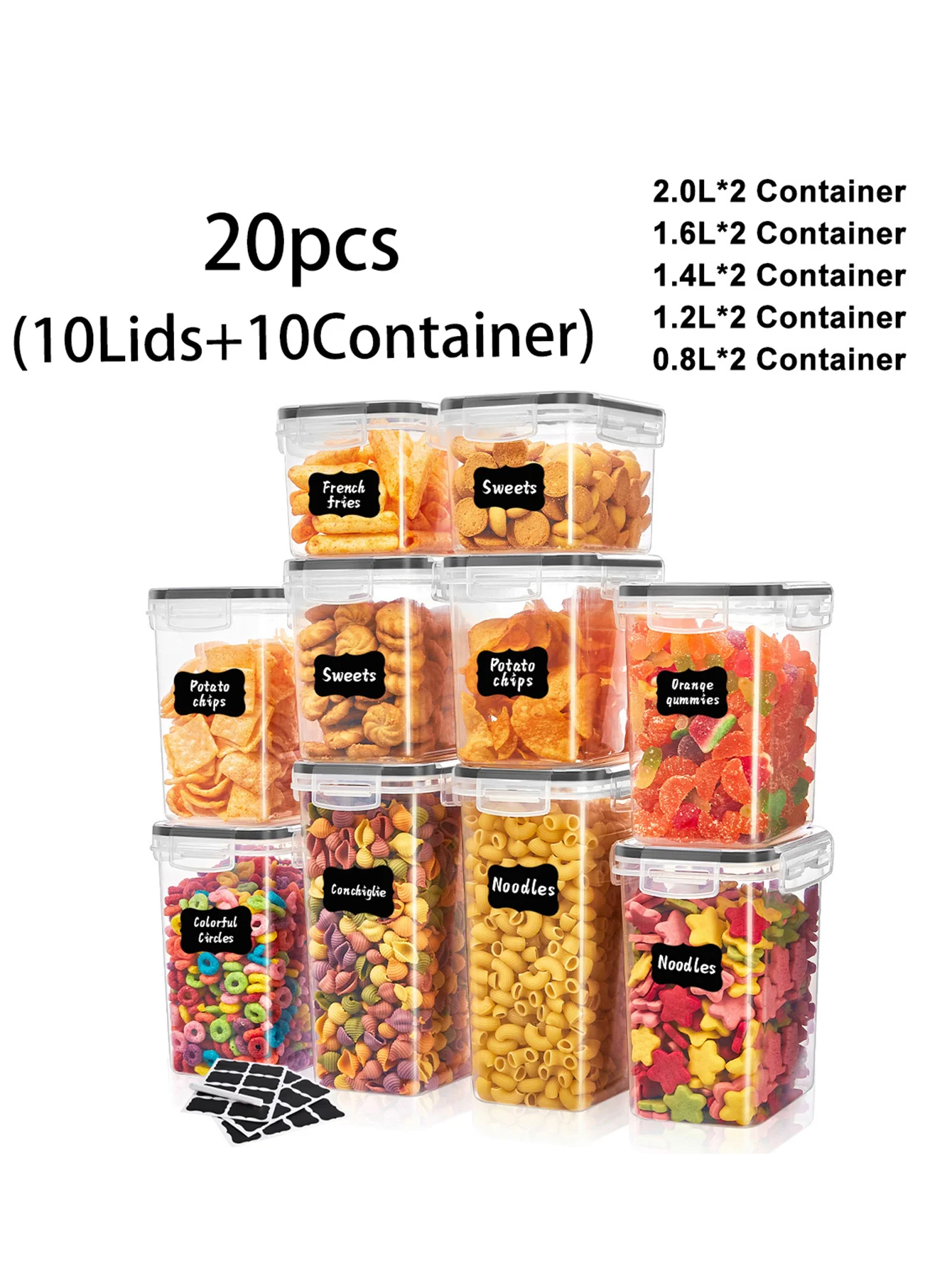 20pcs，Air-tight food storage containers with labels flour, sugar, salt, pepper, grains, tea, nuts and coffee beans