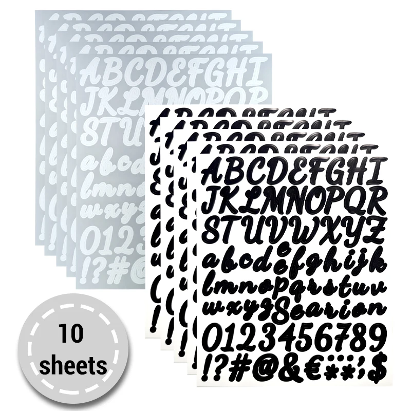 10 Sheets Self-Adhesive Black Silver Glitter Capital Letter Stickers Number Alphabet Vinyl Decals Kit